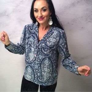 J. Crew Blue & Sage Paisley Silk V-Neck Blouse
